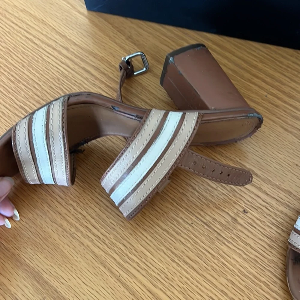 Coach Princeton Leather Strappy Slingback Sandal Tan Brown Stripe Block Heel